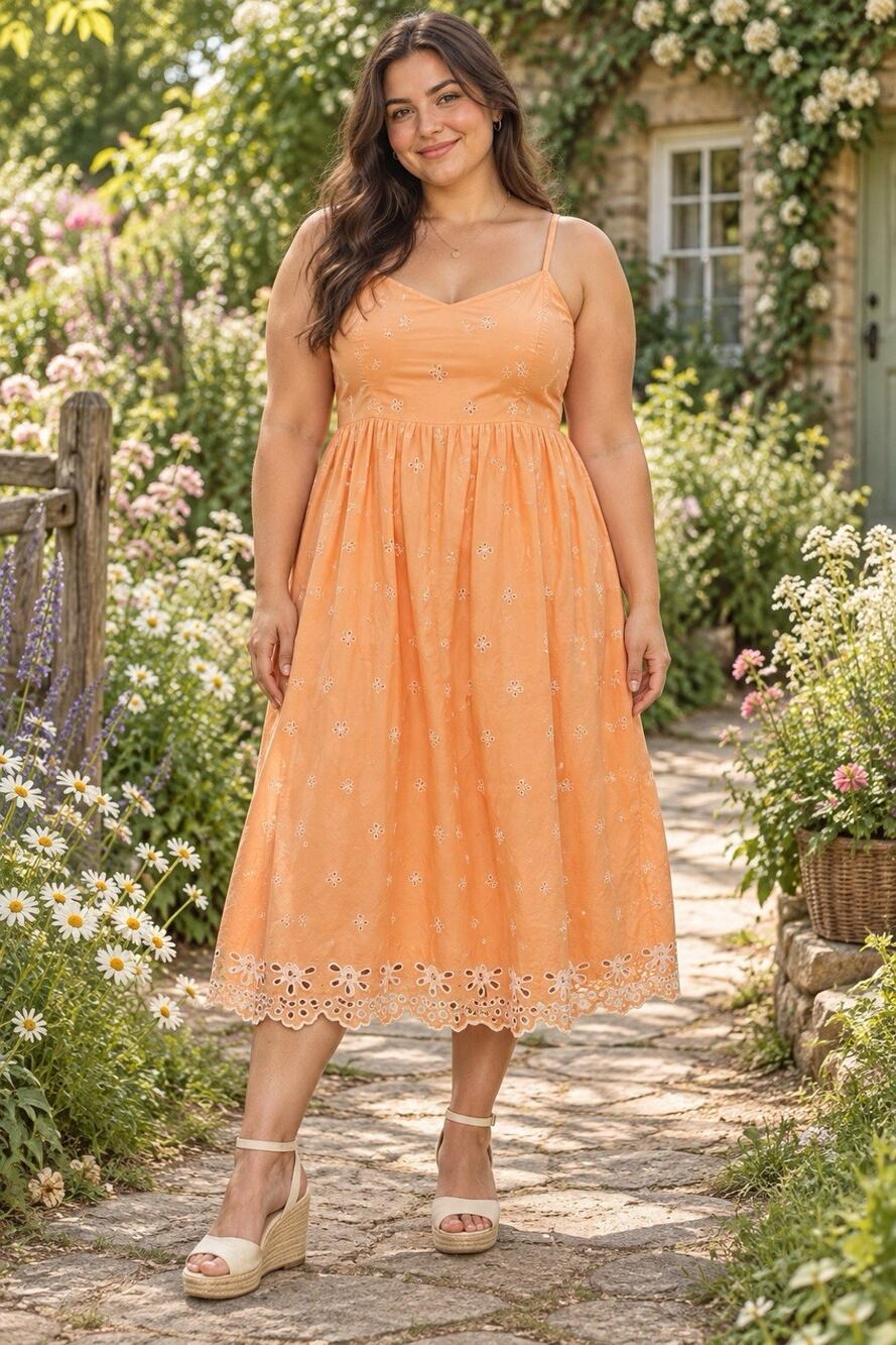 Old Navy XL Orange Eyelet Midi Dress Cotton Embroidered Cottagecore Sundress